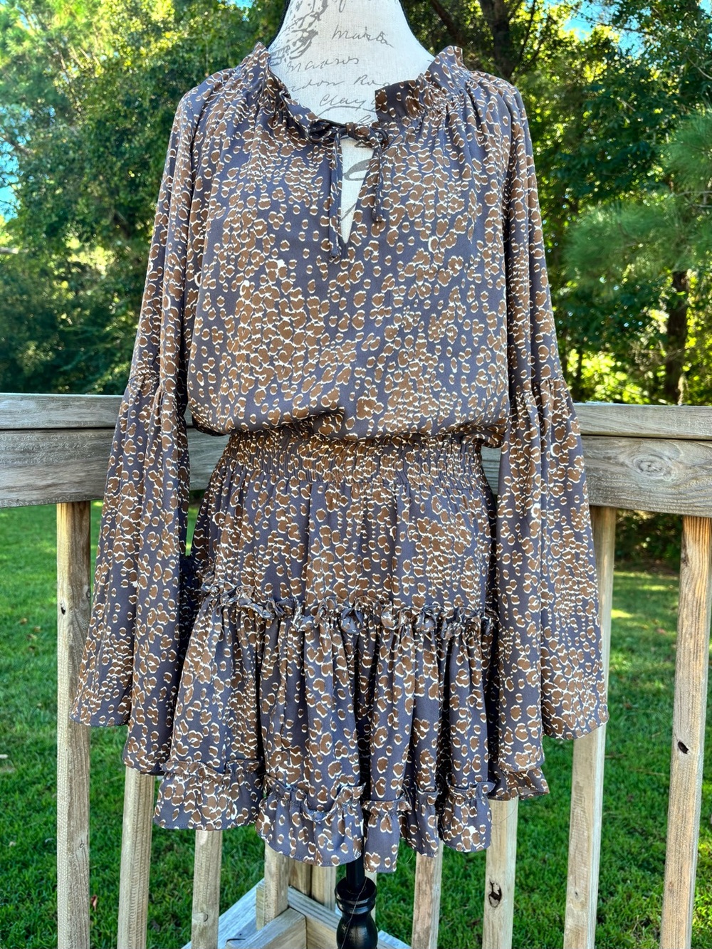 Buddy Love Gray/Brown Printed Long-Sleeve Tiered Mini Dress